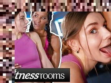 Fitness Rooms MILF lesbian Angel Dark fingering petite babe Arina Shypussy licking orgasm at the gym