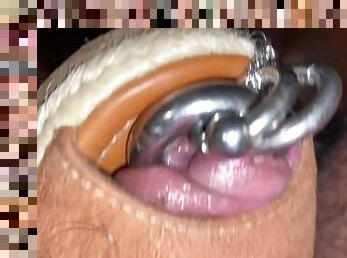 Masturbating with a few different shoes with 8mm pierced cock chained to a lock