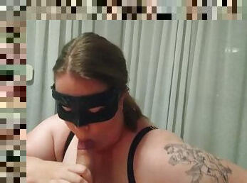 Masked BBW uses her mouth and hands to drain cum