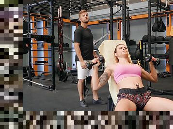 Sporty beauty tries sex with two men after a nice gym oral play