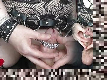 Mistress puts the cock in chains. Close-up of a ruined jewellery fetish handjob.