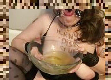 Filthy Humiliated Piss Piggy Adama Daat Urinates Into a Glass Bowl, Gags Down Strong Yellow Piss