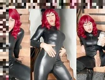Beautiful asian CD in wetlook catsuit and boots cum explosion