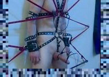 Fit Twink Tied to Wall with E-stim and Vibrator