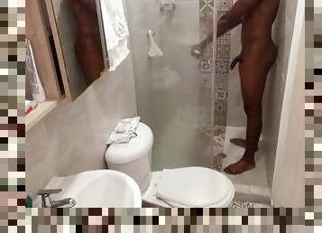 Fit stud bathing after masturbating / Play in the shower Huge dick having fun/huge soft black cock