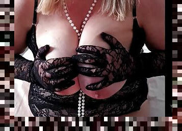 Hotwife topless Skype call with well-hung swinger who wanted to meet on camera mature milf with big tits in lace gloves and pearls