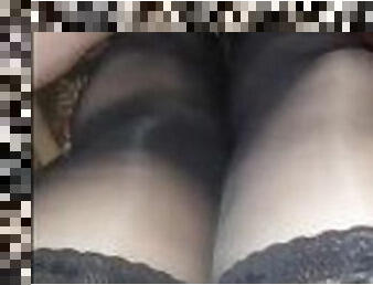 I let my friend jerk off on my legs in stockings!