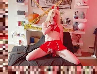 Crossdressed Sissy Wearing Devil Costume For Halloween Passionately Rides 8 inch Dildo