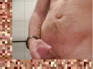 Shooting a big load from my big 8 inch dick in the bathroom