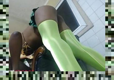 Green thigh high and green mini skirt bitch on my cock