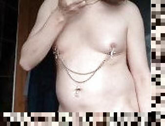 Pathetic Sissy Nerd In Nipple Clamps Chokes On 7" Dildo