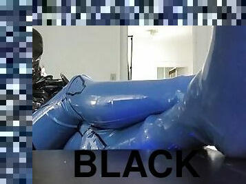 Gaming In Latex - Black Latex Trans Catsuit Underneath Blue Latex Catsuit - No Audio