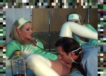 Hot nurses in latex uniform sucking and fucking lucky guy