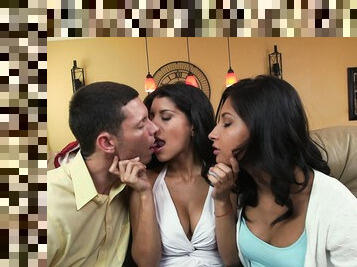 Dashing Latina women share same dick for insane threesome