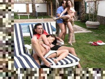 Crazy back yard foursome with two insolent wives