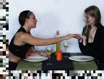 A dinner turns to a lesbian fuck between Ela Darling and Mischa Brooks