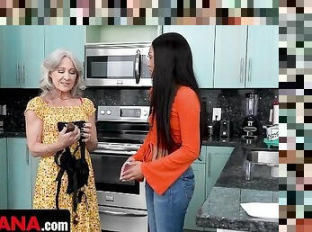 PervNana - StepGrandma Leilani Lei Caught Fucking Her Stepsons Latina GF With Strapon In The Kitchen