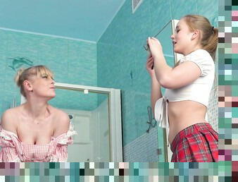 Impressive mom-daughter shower seduction in elegant XXX