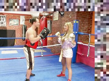 Blonde babe Francesca Felucci gives a hit on the crotch of her boxing coach